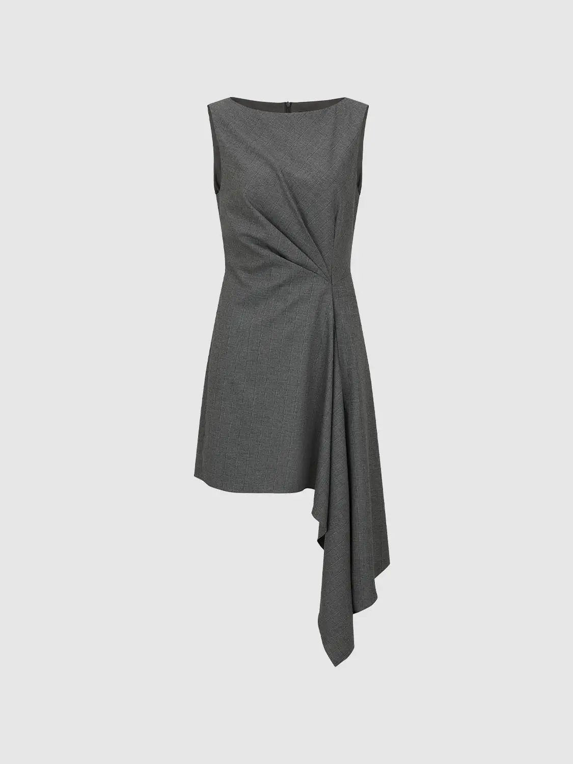 Twisted checked sleeveless mini dress with an asymmetric draped hem in gray.