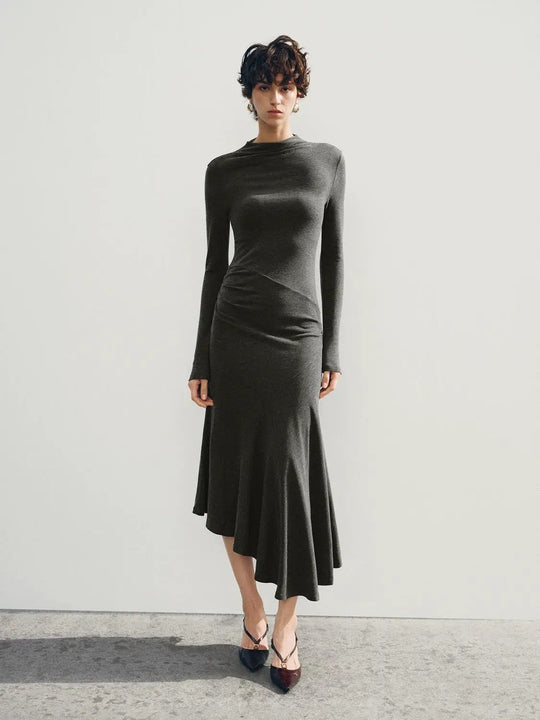Ruched Side Asymmetric Fitted Mock Neck Long Sleeve Maxi Dress