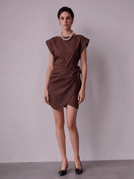 Sleeveless Asymmetric Wrap Waist Draped Mini Dress