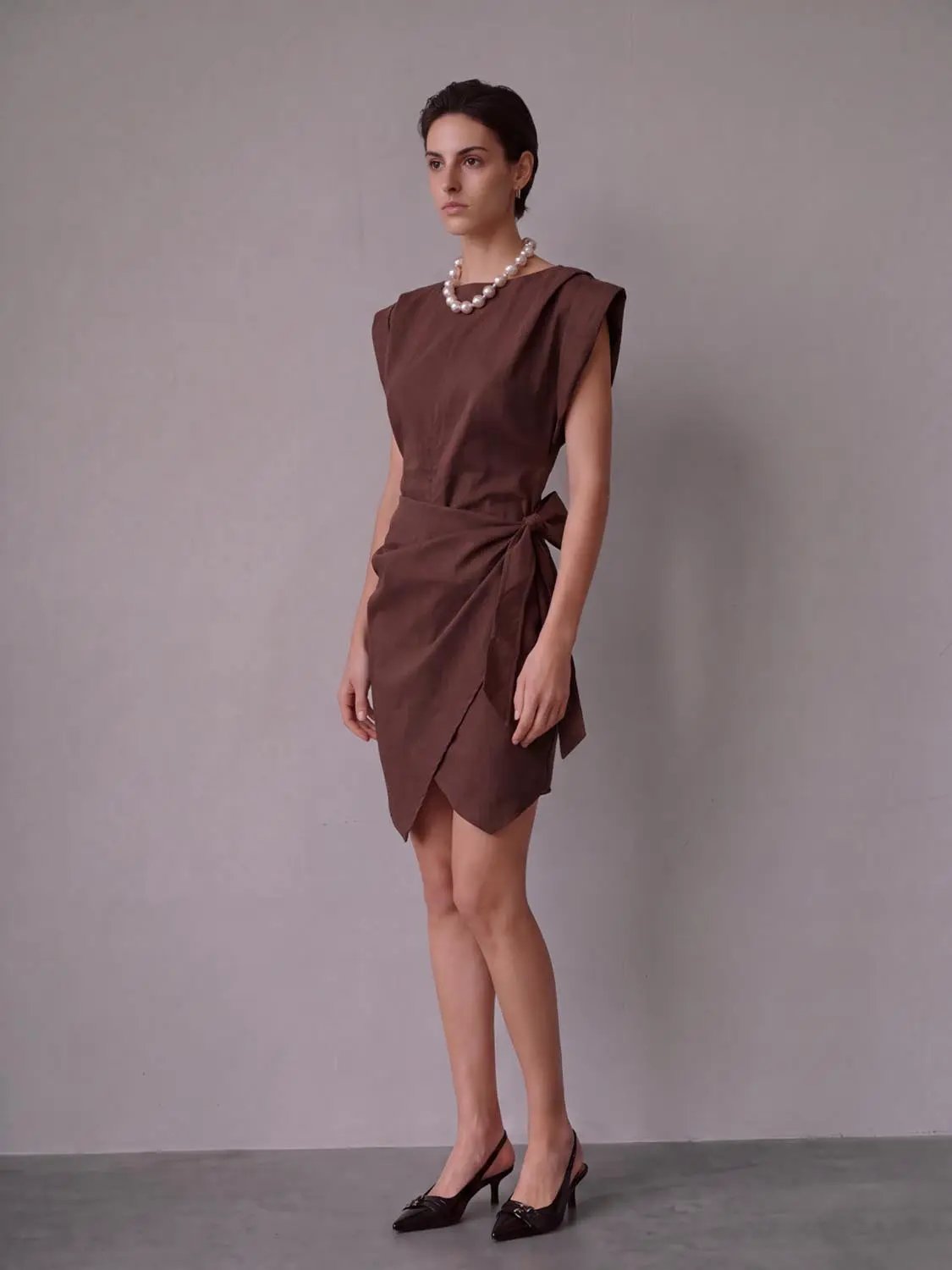 Fit-and-Flare Dress, brown satin skater dress with waist wrap knot, Urban Revivo Fashion