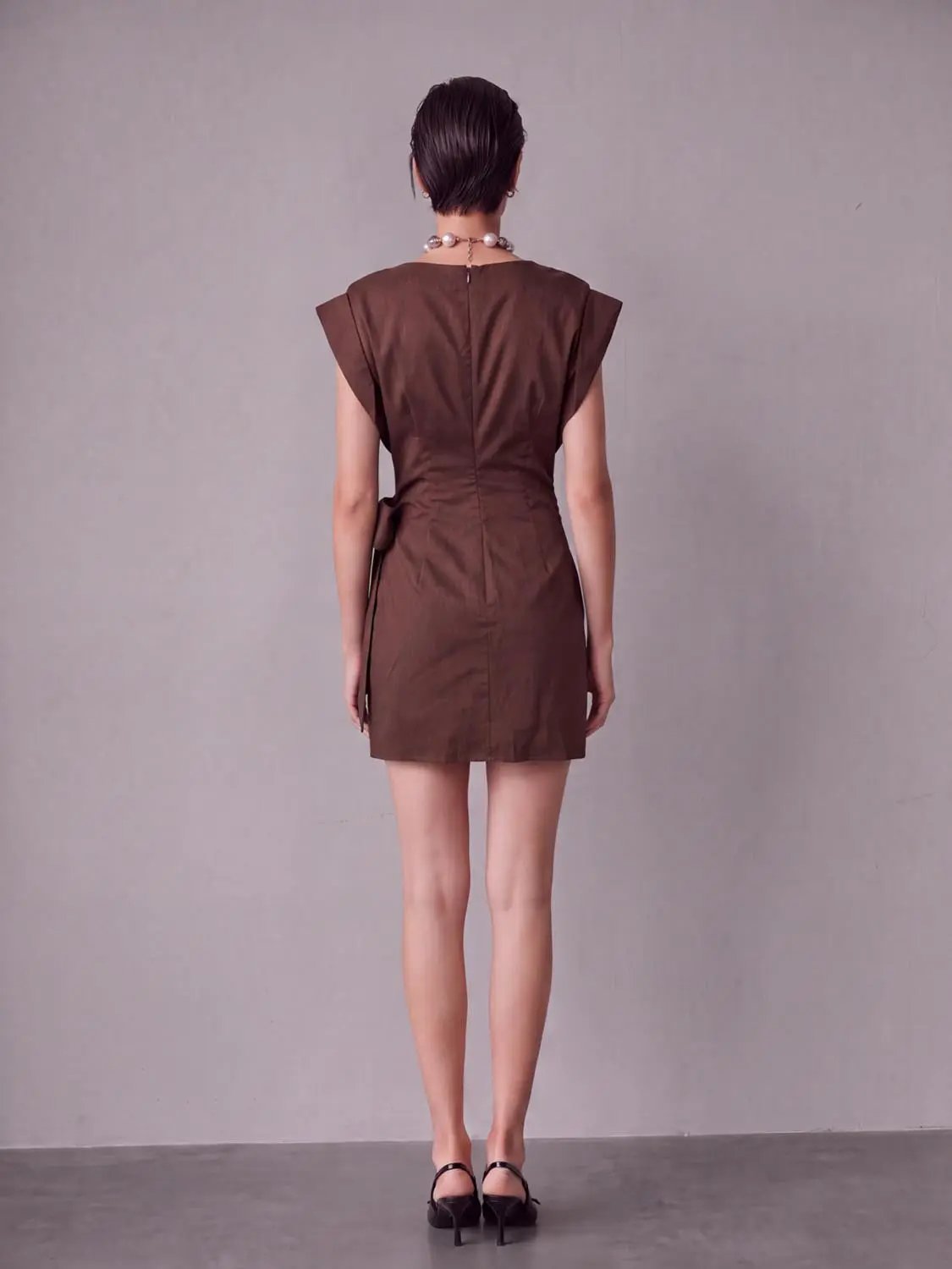 Fit-and-Flare Dress, brown skater-style with waist tie; back view