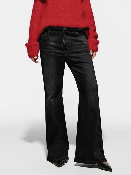 Belted Washed Flare Leg Jeans