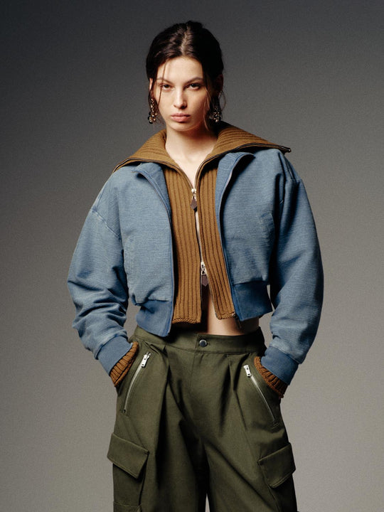 Mock Neck Cropped Denim Bomber Jackets