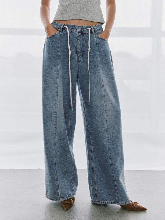 Drawstring Seamed Straight Leg Jeans