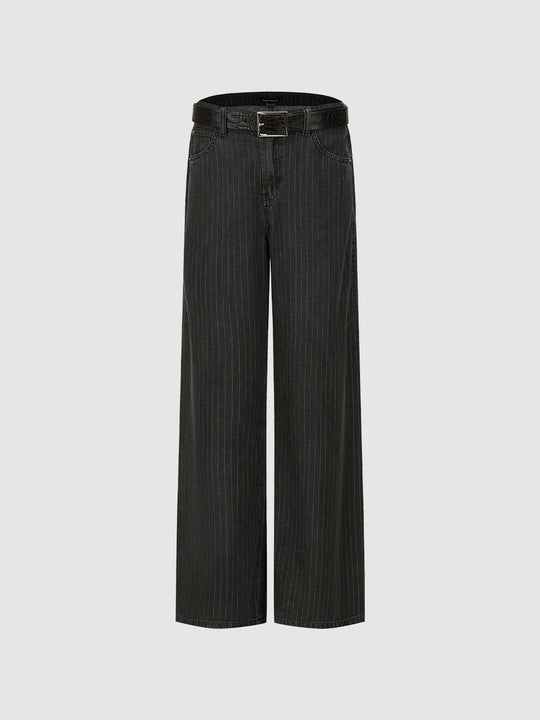 Belted Pleated Straight Leg Jeans