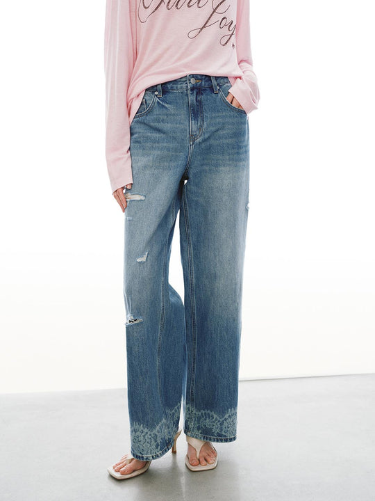Lace Trim Raw Detail Wide Leg Jeans