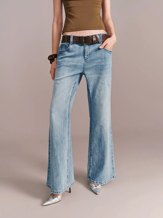Belted Flare Leg Jeans With Slight Stretch Denim