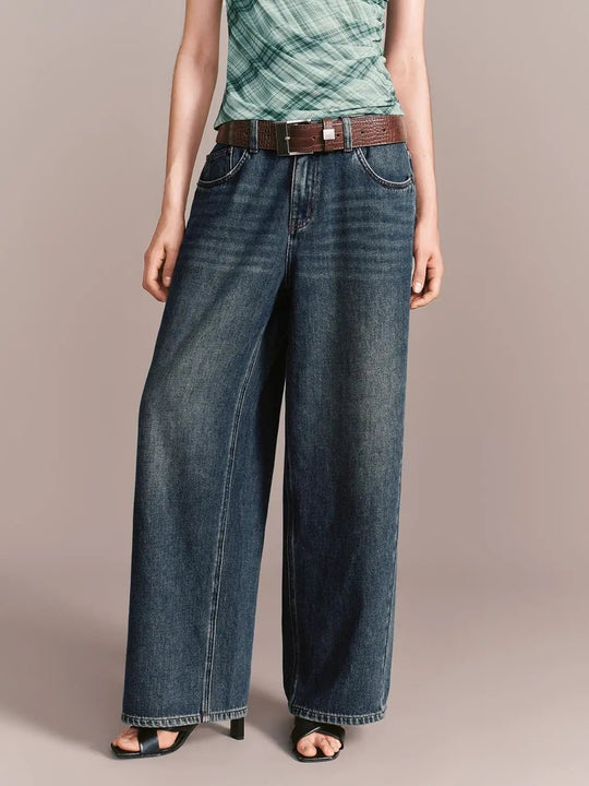 Belted Wide Leg Jeans With Classic Belt Loop Detail