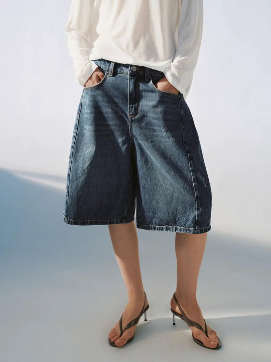 Washed Wide Leg Denim With Subtle Fade Shorts
