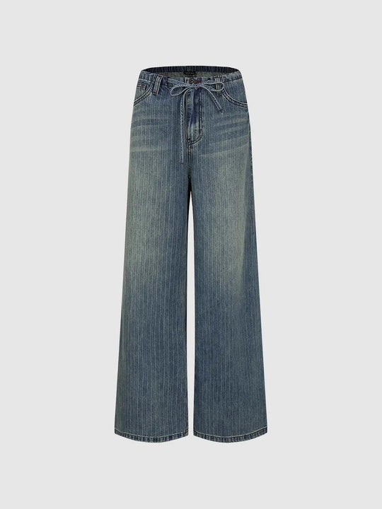 Pinstriped Wide-leg Denim Drawstring Pants