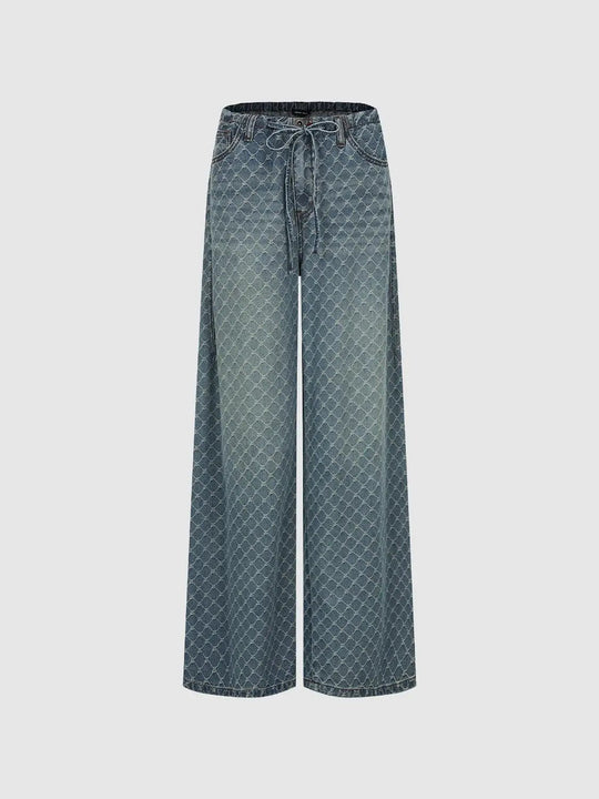 Drawstring Diamond Print Mid-rise Wide-leg Jeans