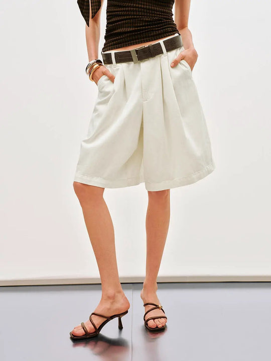 Pleated Wide-leg Knee-length Cotton Shorts