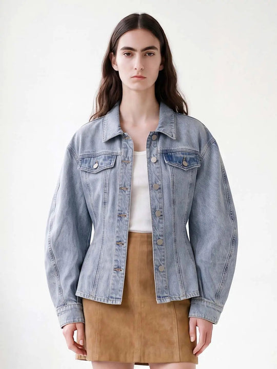 Light Wash Button Front Long Sleeve Cotton Blend Jacket