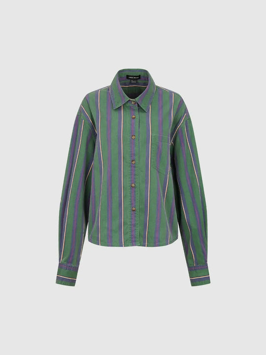 Relaxed Striped Long Sleeve Cotton Blend Shirt