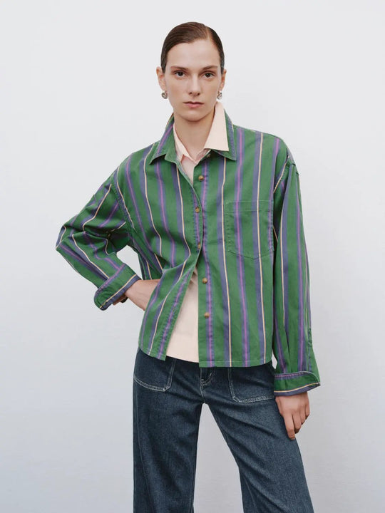 Camicia oversize a righe in misto cotone con maniche lunghe