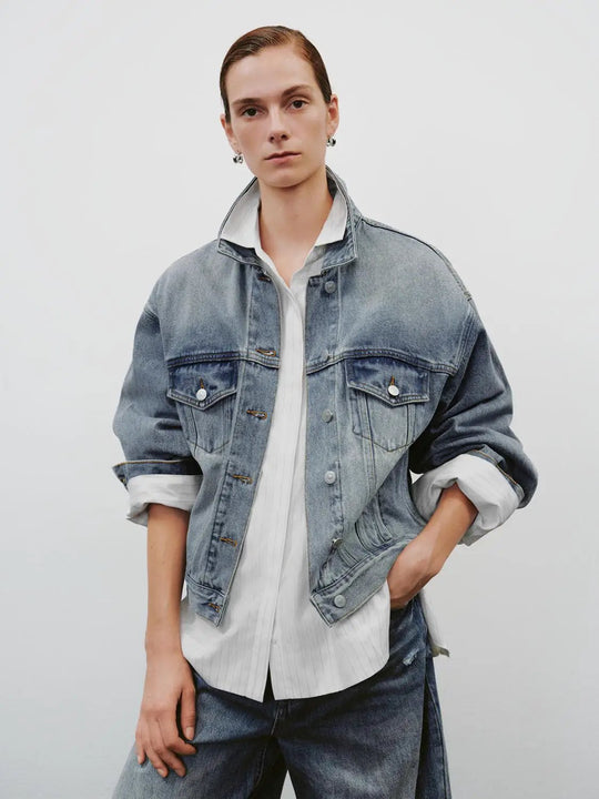 Cotton Ombre Washed Denim Long Sleeve Jacket