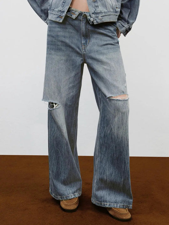 Distressed Faded Wide-leg Mid-rise Cotton Jeans