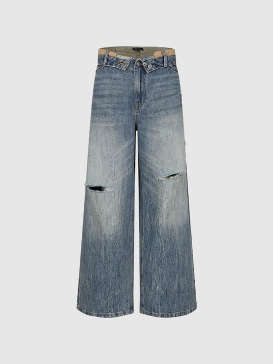Jean en coton délavé effet usé, coupe large et taille mi-haute
