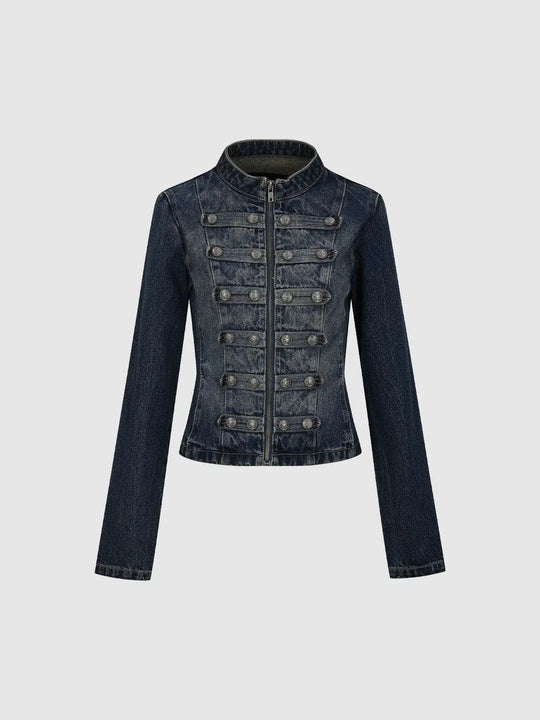 Langärmelige Jeansjacke aus Baumwolle mit Reißverschluss vorne und Knopfdetails