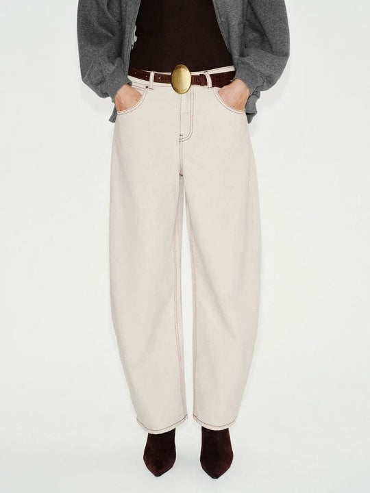 Belted Contrast Stitching Cotton Wide-leg Pants