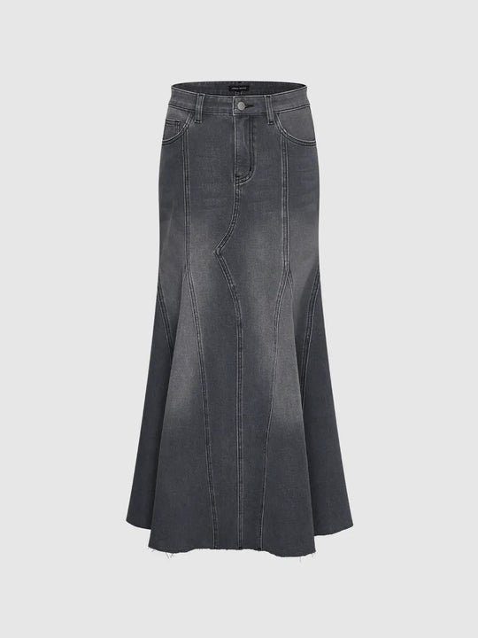 Panelled Raw Hem High-waisted Cotton Blend Denim Midi Skirt