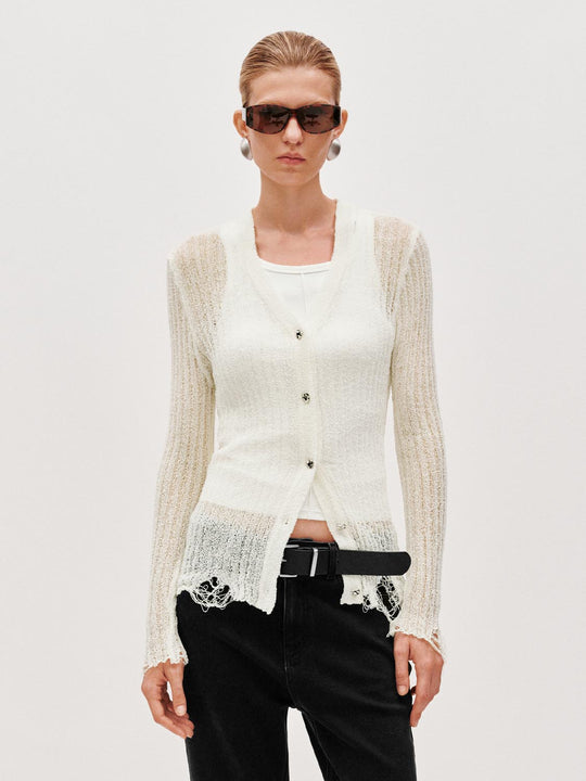 Cárdigans de punto con escote en V y dobladillo rasgado