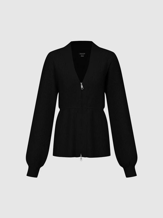 Cardigan lavorato a maglia con maniche a palloncino e chiusura con zip