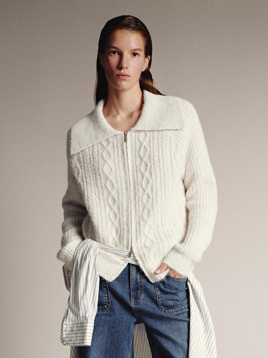 Large Collar Cable Knitted Cardigans