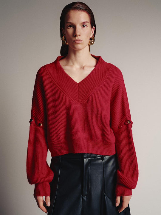 T-shirts tricotés à manches longues et col en V