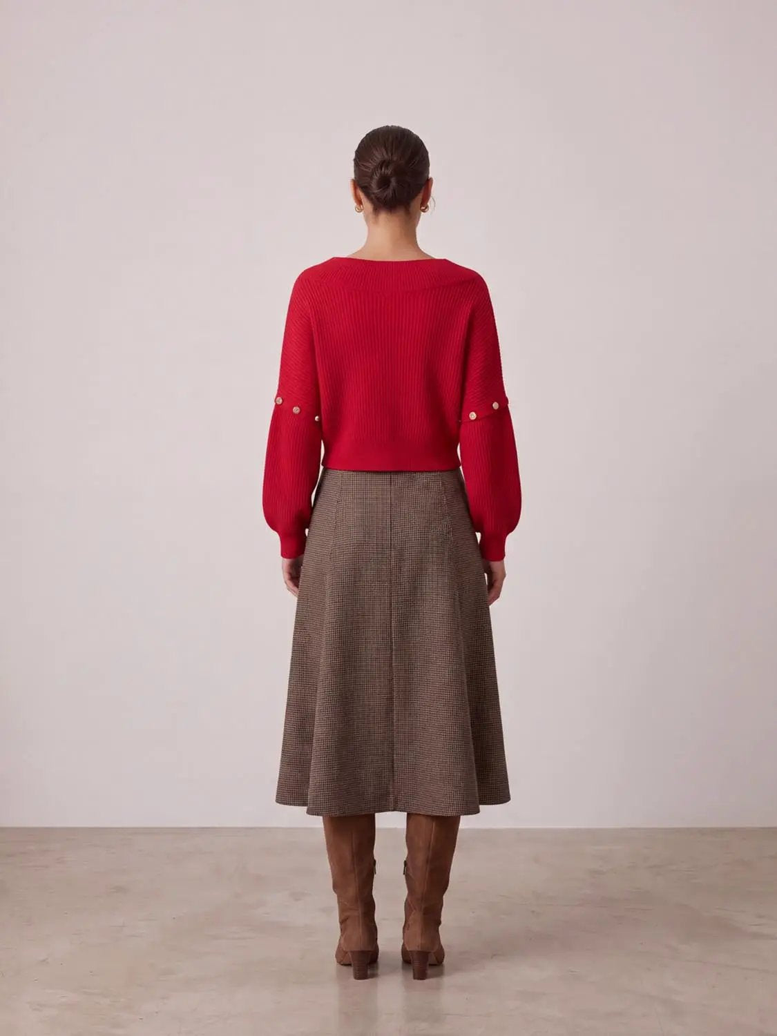 V-Neck Long Sleeve Knitted T-Shirts red knit top with buttoned sleeve accents, Urban Revivo Fashion