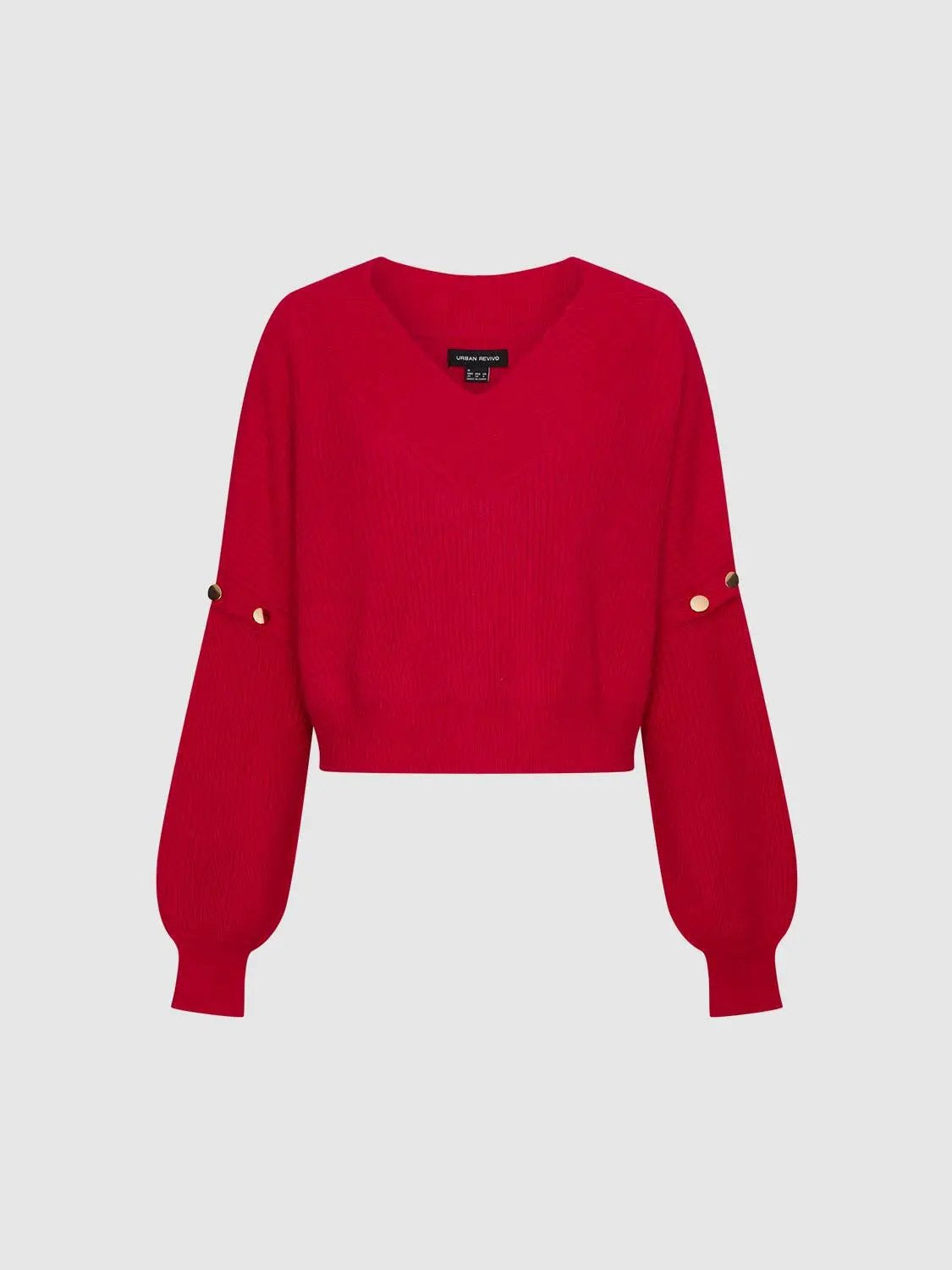 V-Neck Long Sleeve Knitted T-Shirts Urban Revivo red knit top with balloon sleeves and gold button accents
