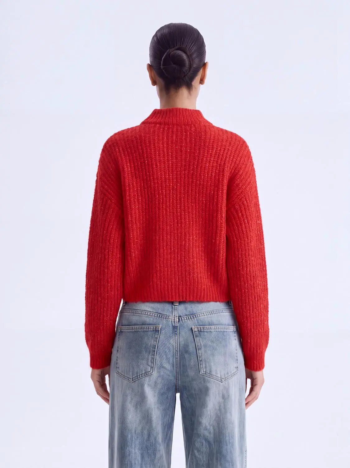 Oversize long sleeve knitted T-shirts by Urban Revivo in red ribbed knit, back view.
