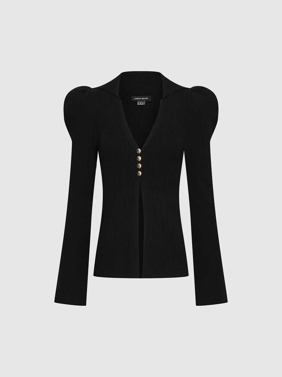 Puff Shoulder Tailored Knitted Cardigan by Urban Revivo in black with gold buttons