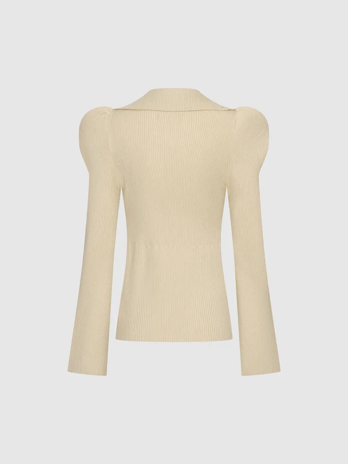 Puff Shoulder Tailored Knitted Cardigan, beige ribbed knit with long sleeves