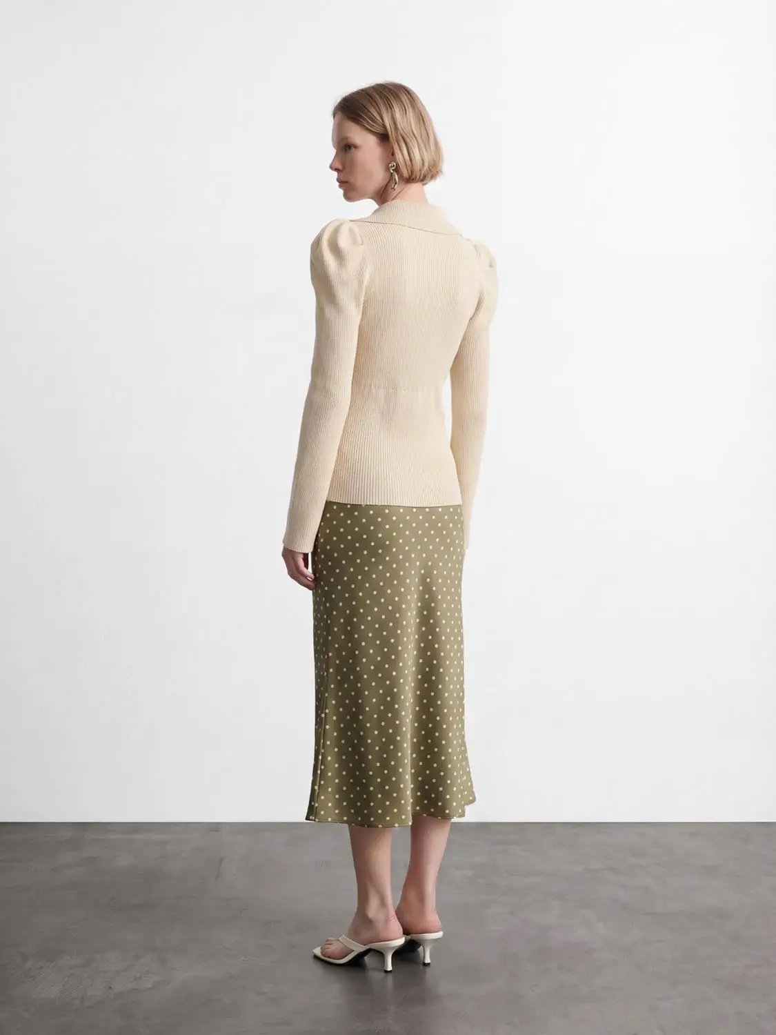 Puff Shoulder Tailored Knitted Cardigan in beige, paired with olive polka-dot midi skirt (2-piece outfit)