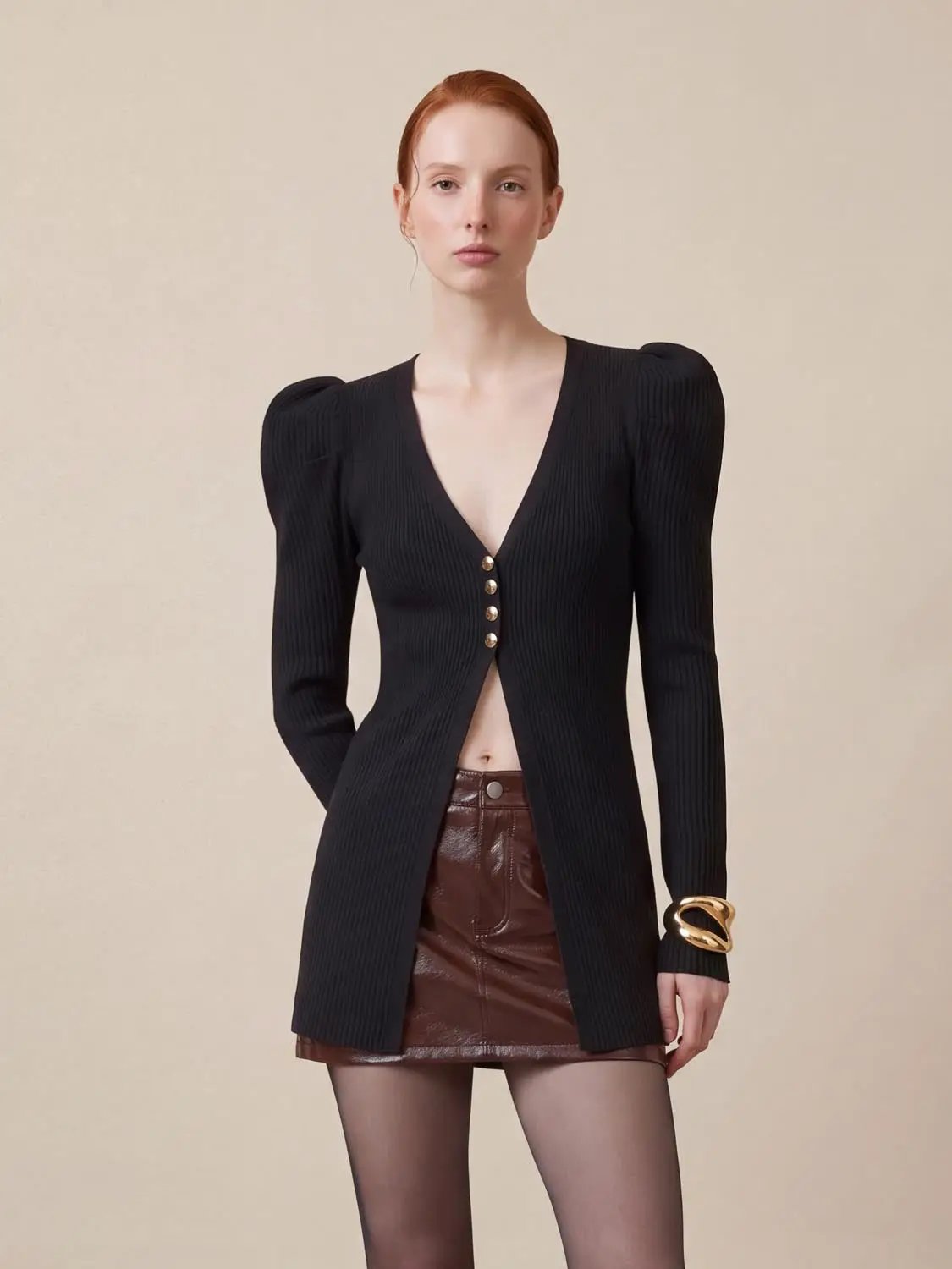 Puff Shoulder Tailored Knitted Cardigan by Urban Revivo Fashion, black ribbed knit with gold buttons and deep V-neck.
