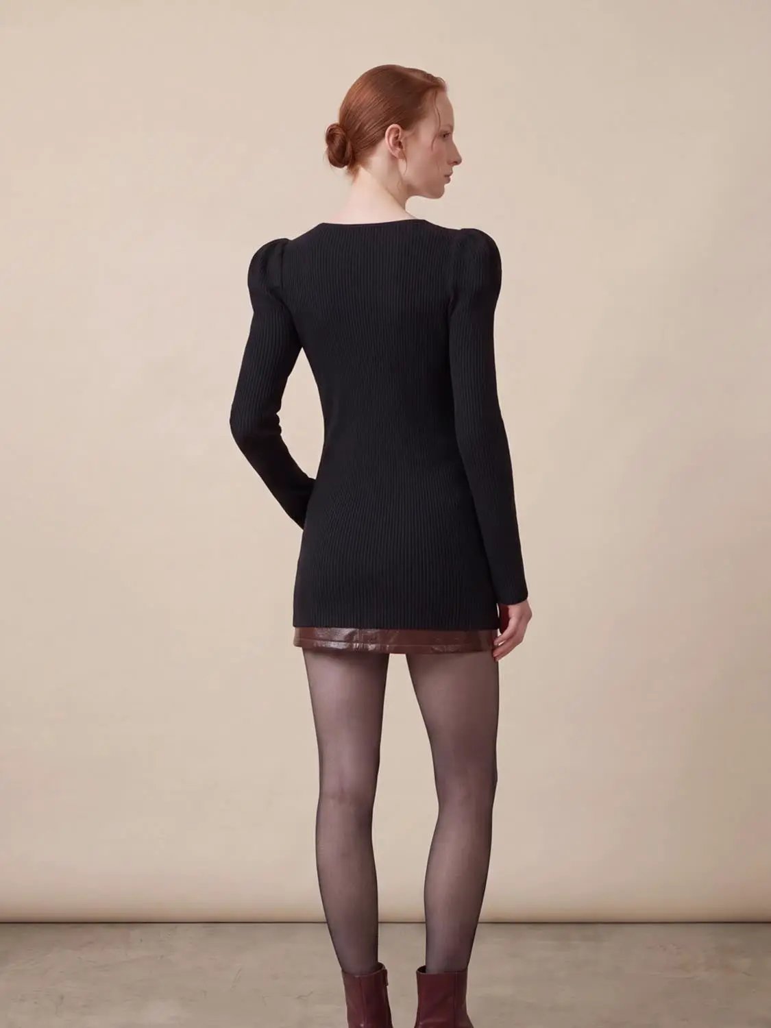 Puff Shoulder Tailored Knitted Cardigan, black ribbed knit, Urban Revivo Fashion (back view)
