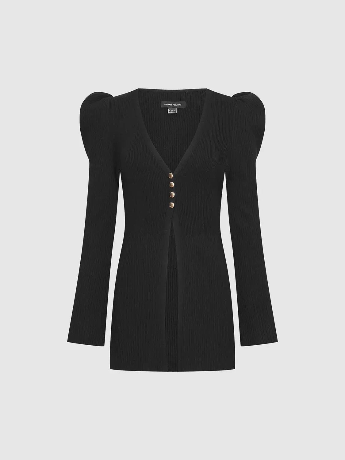 Puff-Shoulder Tailored Knitted Cardigan in black by Urban Revivo Fashion, ribbed knit with gold-tone button front