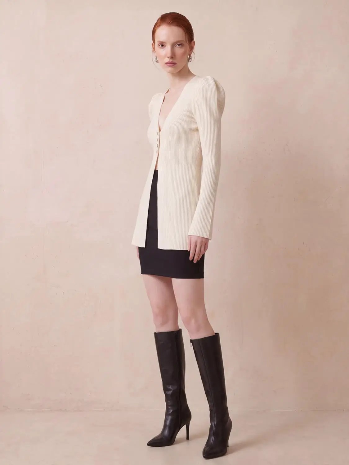 Puff Shoulder Tailored Knitted Cardigan, cream ribbed knit, longline with button front by Urban Revivo Fashion