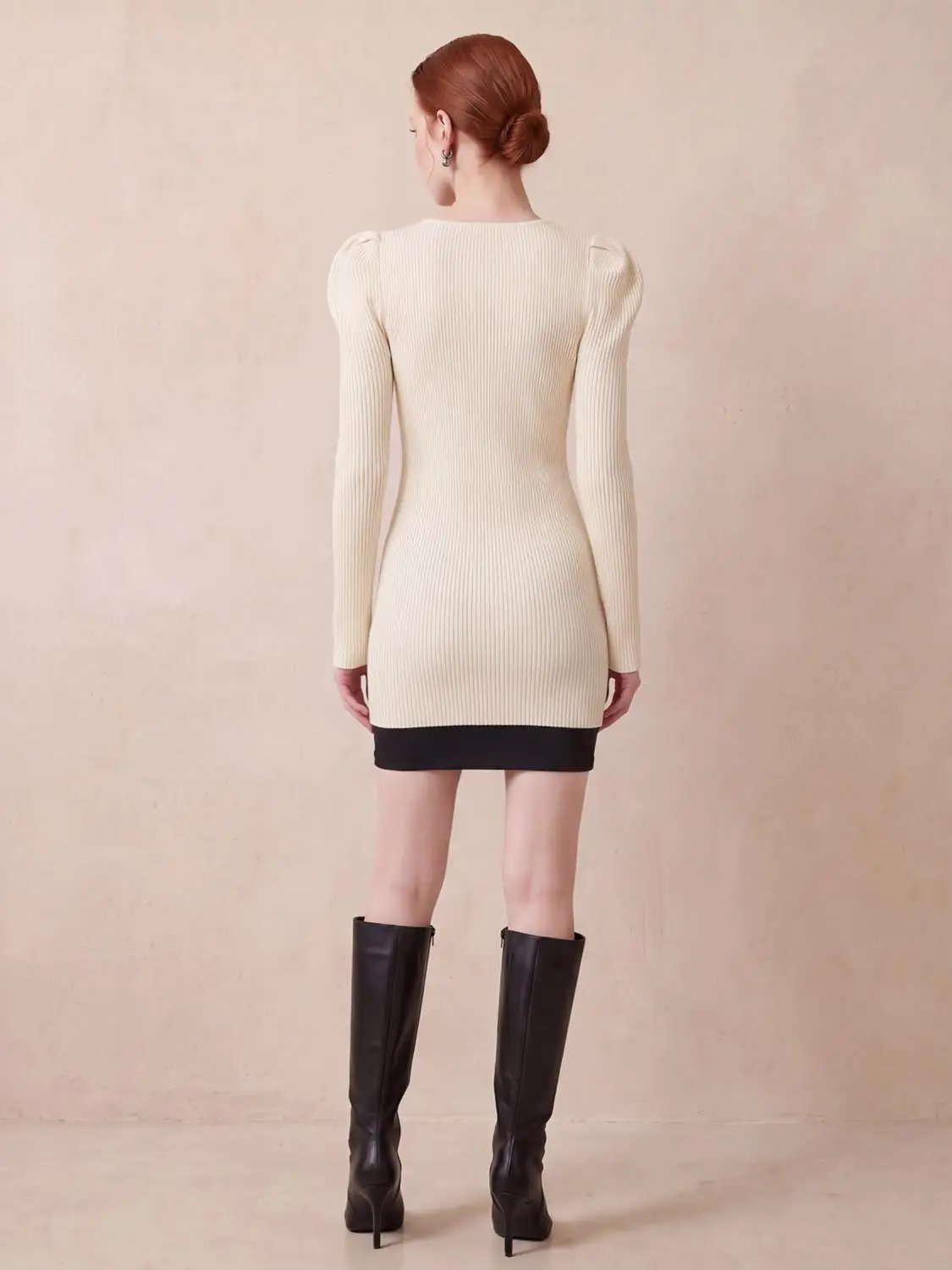Puff Shoulder Tailored Knitted Cardigan, cream ribbed knit, back view on model