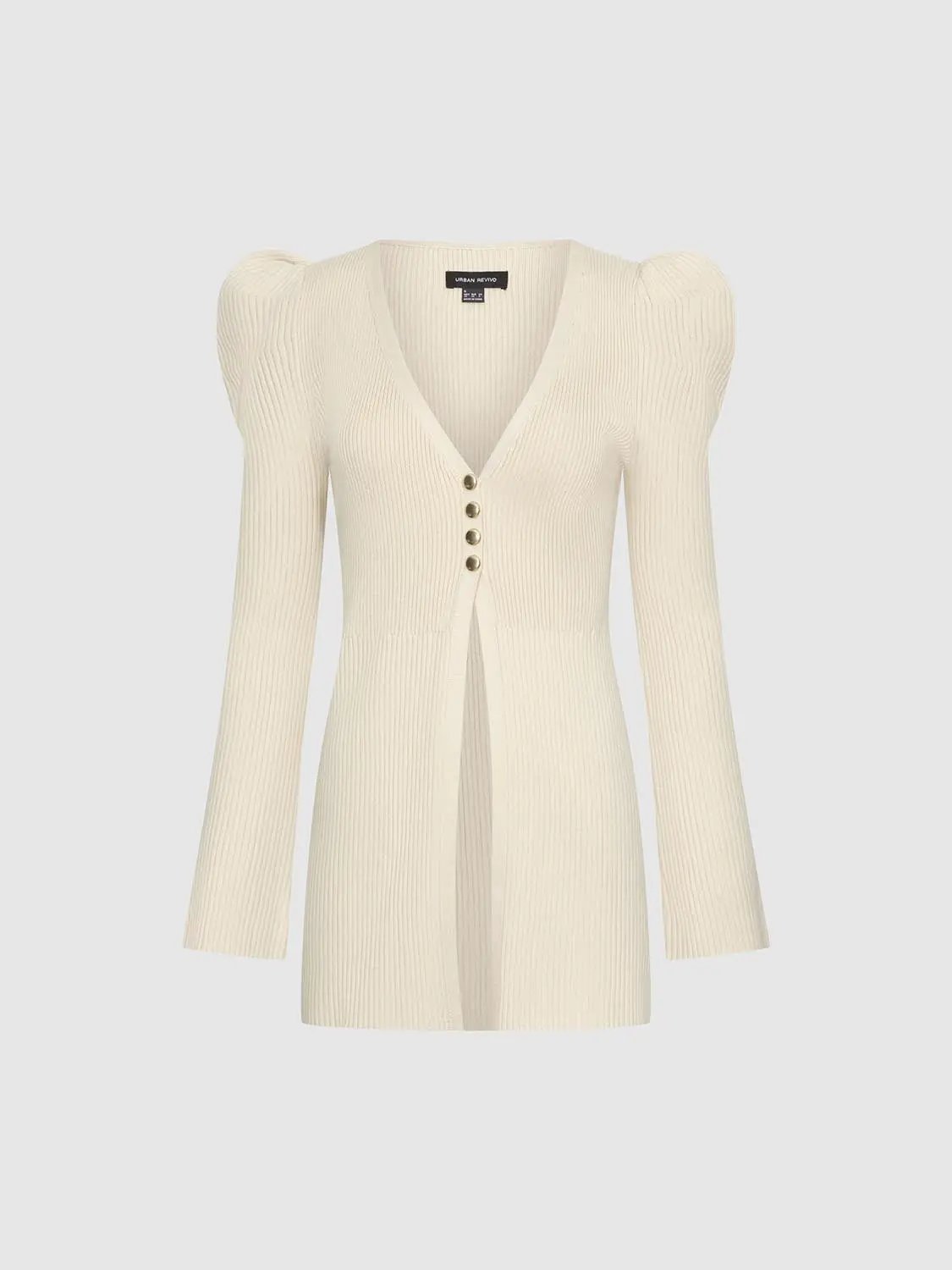 Puff Shoulder Tailored Knitted Cardigan in cream with gold buttons by Urban Revivo Fashion
