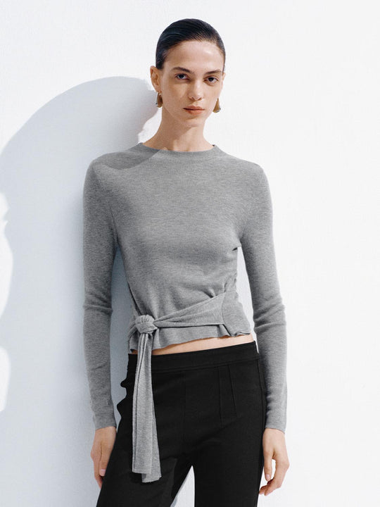Wool Blend Tie Front Long Sleeve Knitted T-Shirts