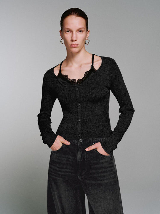 2 In 1 Laced Long Sleeve Knitted T-Shirts