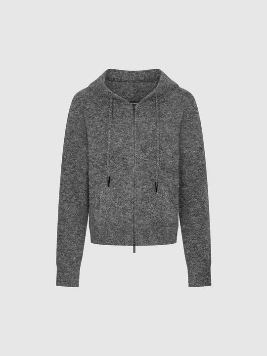 Dark Gray Textured Knit Zip Hooded Knitted Cardigans