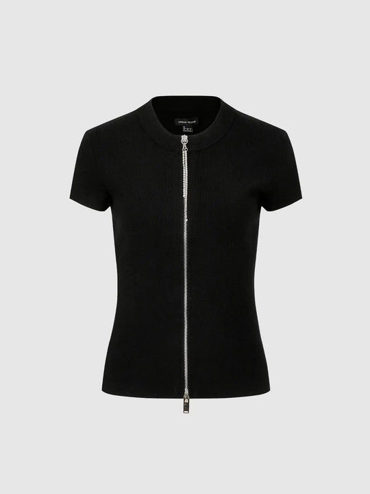 Crew Neck Zip-Up Short Sleeve Knitted Cardigans