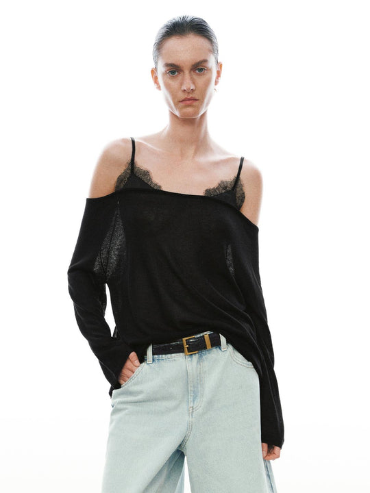 Lace Detail Strappy Knitted T-Shirts