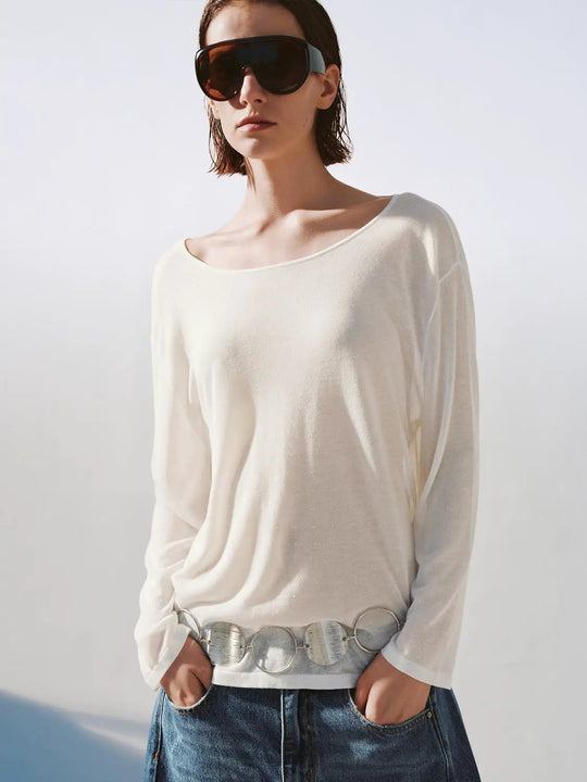 Rhinestone Detail Long Sleeve Knitted T-Shirts