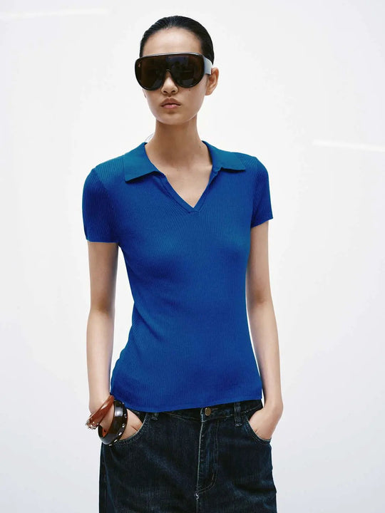 Soft Light Lyocell Knit Polo V Neck T Shirt