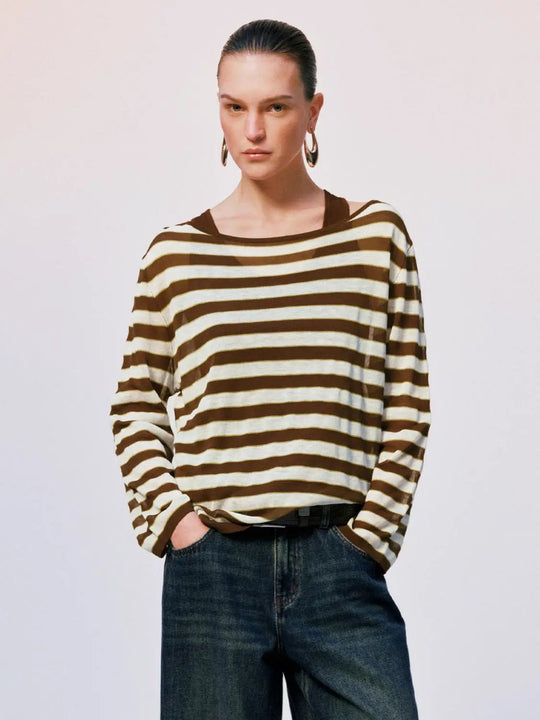 Cotton Blend Striped Knitted Long Sleeve T-Shirts