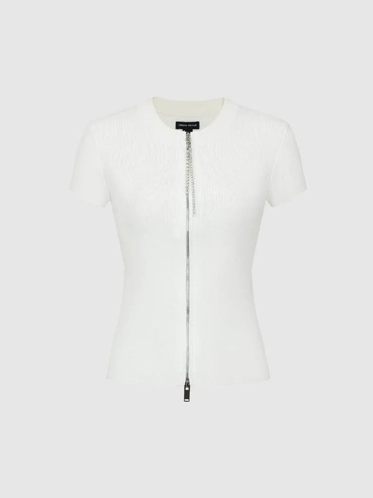 Ribbed Knit Front Zip Crew Neck Short Sleeve Jacket